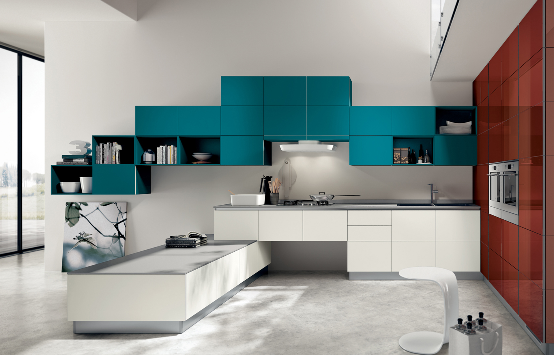 Blue lacquer kitchen  cabinets