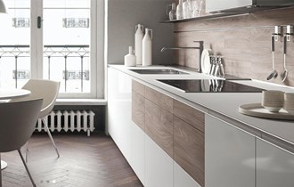 Home Furniture Modern Design Glass and Melamine Board Kitchen Cabinet