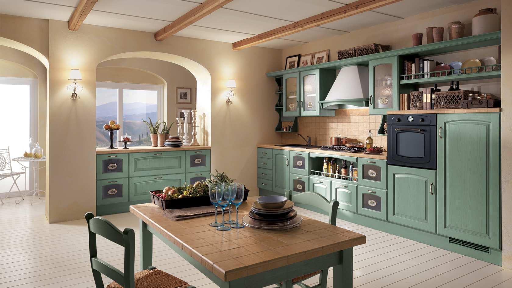 Green rustic style solid wood cabinets