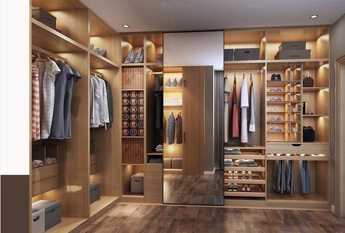 Modern wardrobe design with wood grain melamine board with light